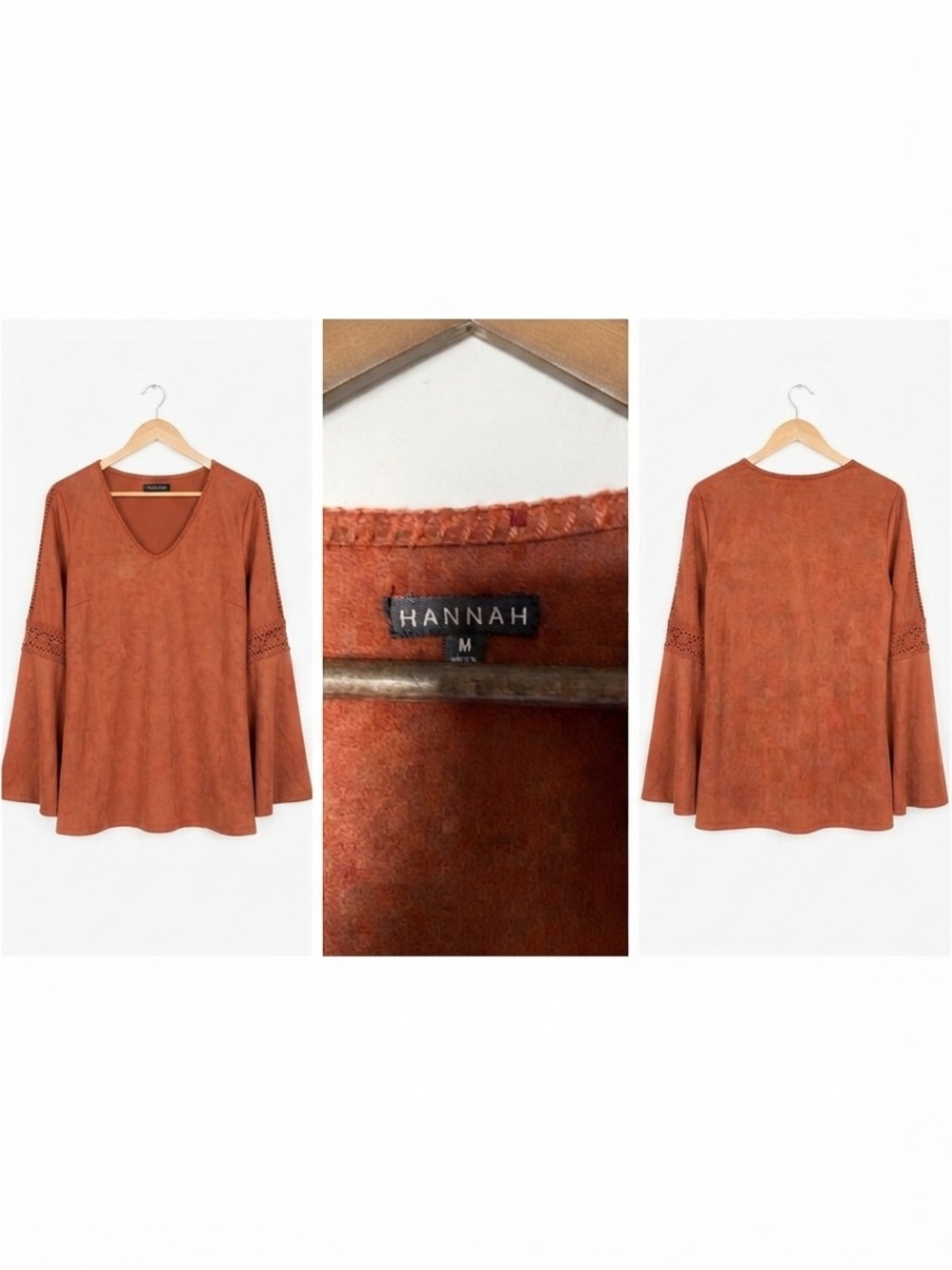 Hannah Rust Suede-Look Bell Sleeve V‑Neck Tunic
